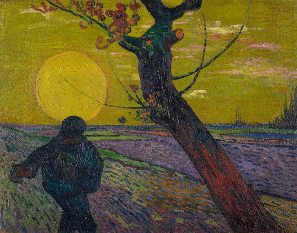 a painting in which the silhouette of a human figure can be seen against a flat rural landscape in semi-fantastical colours, the sky is yellow and the land is purple, there is also a tree trunk leaning into the foreground