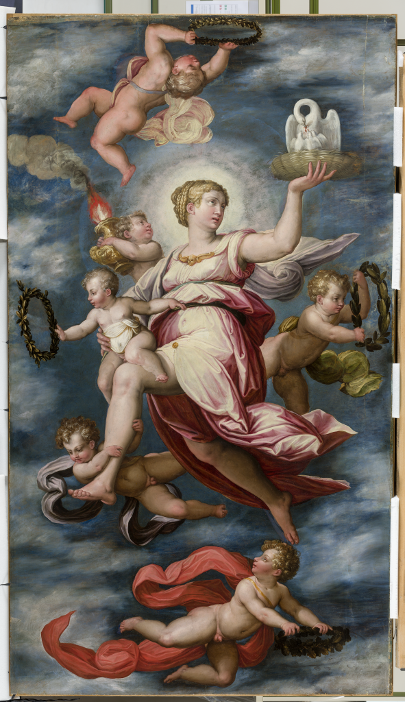 the personification of Charity appears with cherubs on a blue sky background