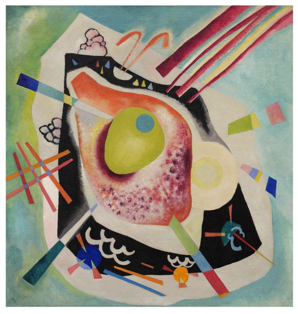 Abstract composition with a central white oval, colorful geometric shapes, and dynamic lines.