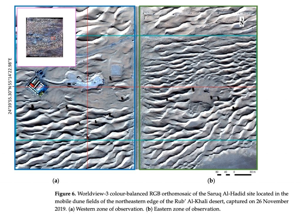 An aerial view of the desert showing where the tech detected the archaeological site.