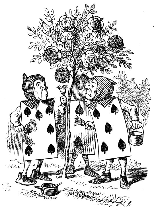 A black-and-white illustration of three men dressed as playing cards painting a rose bush