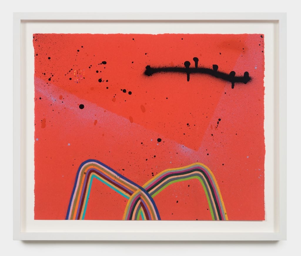 An abstract painting by Alicia McCarthy with a vermillion red background and two rainbow style arcs on the bottom overlapping and a black spray paint horizontal squiggle at the top right.