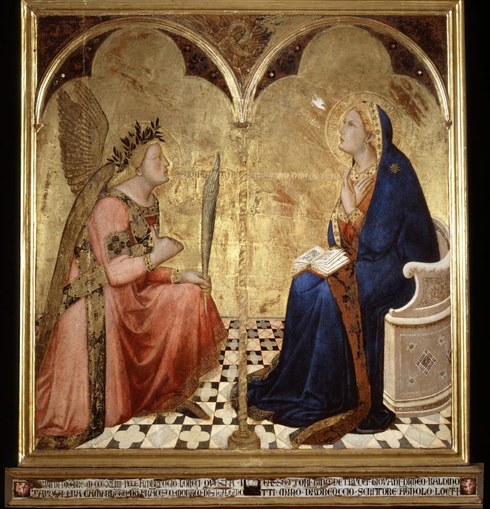 A photo of a painting of two Renaissance figures seated across from each other, beneath arches, atop a checkered floor and before a gold background.