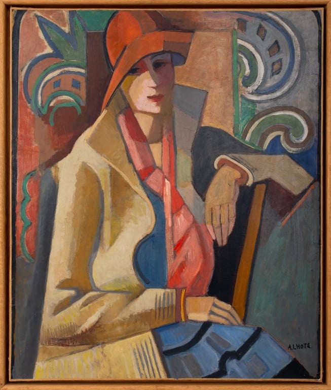 A semi-abstract portrait of a woman seated wearing a trench coat, blue dress, pink and salmon colored scarf, and red hat, in Showplace Auction top lots.