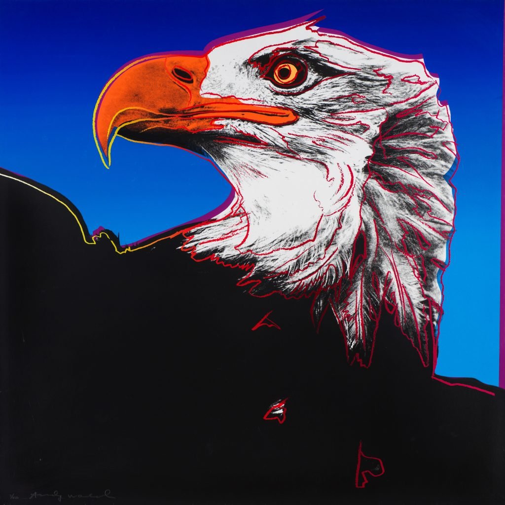 A multicolor print of a bald eagle by Andy Warhol from his Endangered Species portfolio.