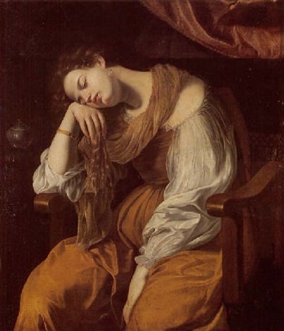 Artemesia Gentileschi, Penitent Mary Magdalene (ca. 1625–26). The Baroque painting shows Mary Magdalene in a moment of contrition, renouncing her sinful life and the trappings of wealth and luxury to follow Jesus. She sits in a darkened room, her eyes closed as she rests her head on her hand.