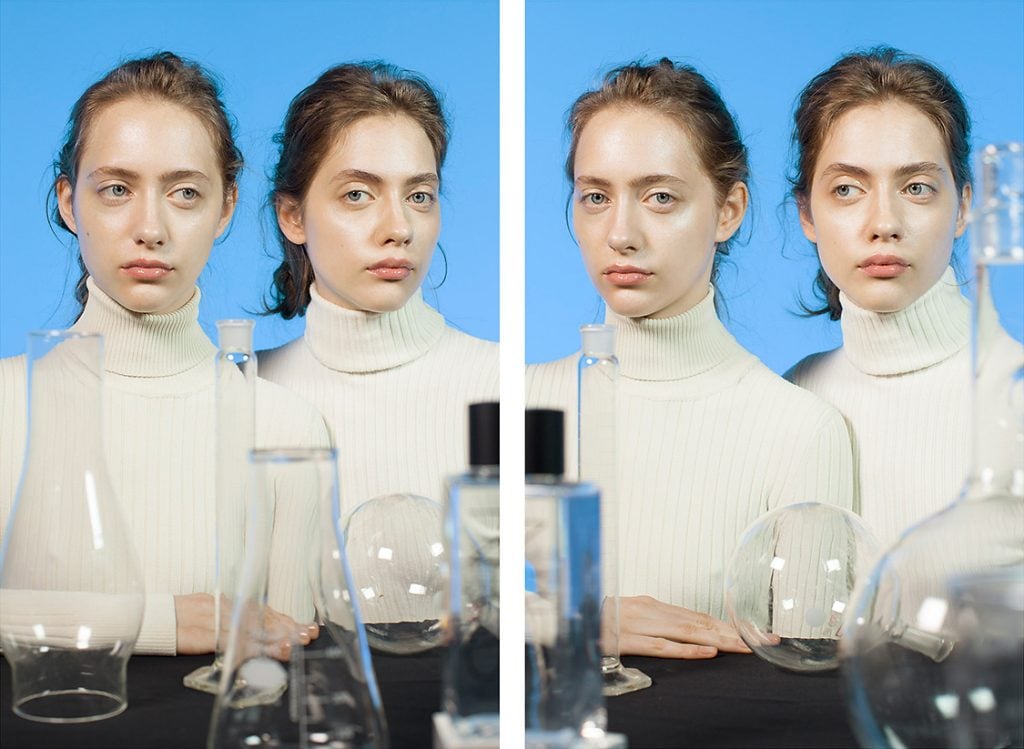 Included in the 2024 FotoFocus Biennial, a two part portrait style photo with the depiction of the same woman four times each time looking a different direction, wearing a white turtleneck against a cerulean blue background with various chemistry related objects laid out in front of her.