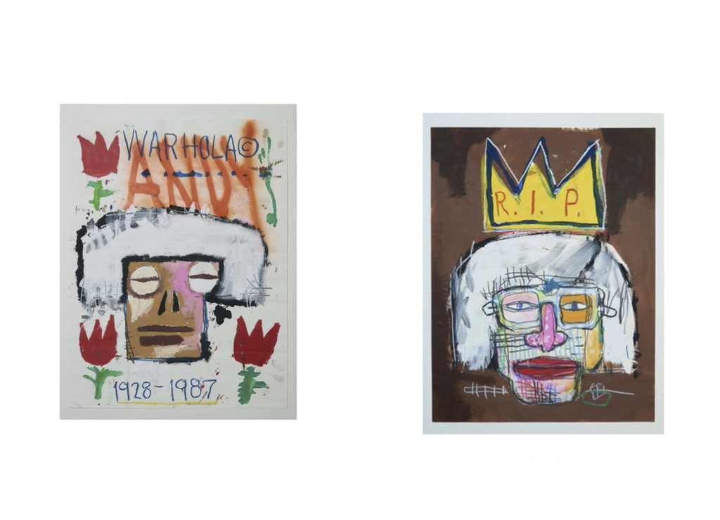 A photograph of two Basquiat drawings, both depicting Warhol in the artist's signature style—seen side by side on a flat white background.