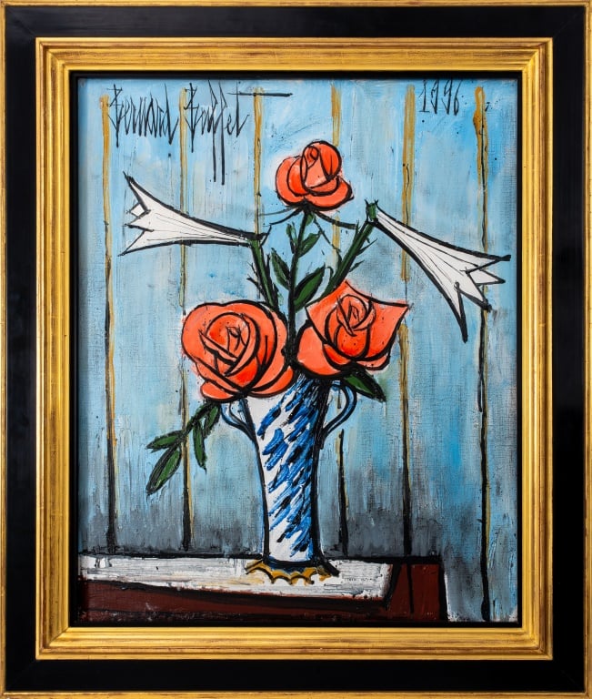 Semi-abstract still life painting of a bouquet of roses and white lilies in a vase against a blue paneled background by Bernard Buffet.