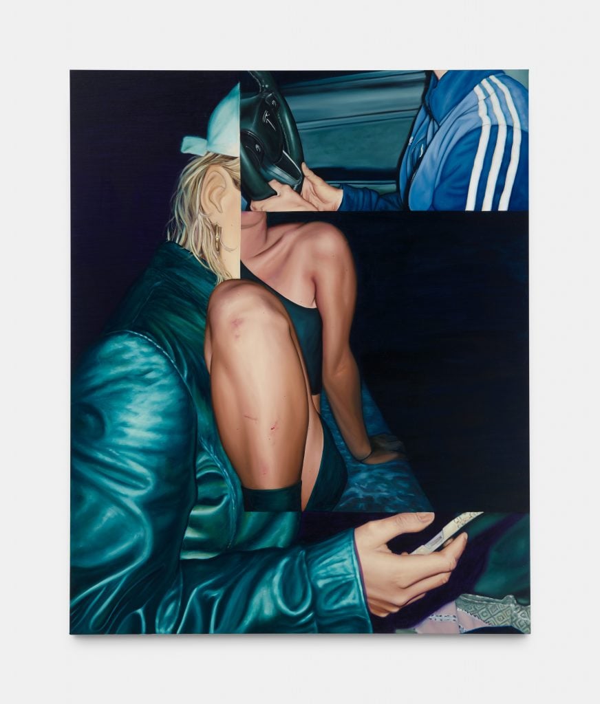 A photo-realistic painting by Bobbi Essers of an individual in a green jacket with a leg supperimposted over, and at the top right the cropped depiction of an individual wearing a blue addidas jacket.