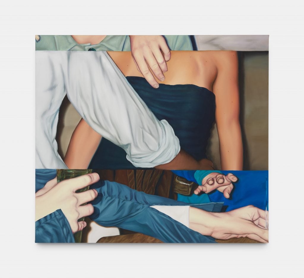 A photo-realistic painting by Bobbi Essers in three horizontal bands featuring various women's and men's arms.