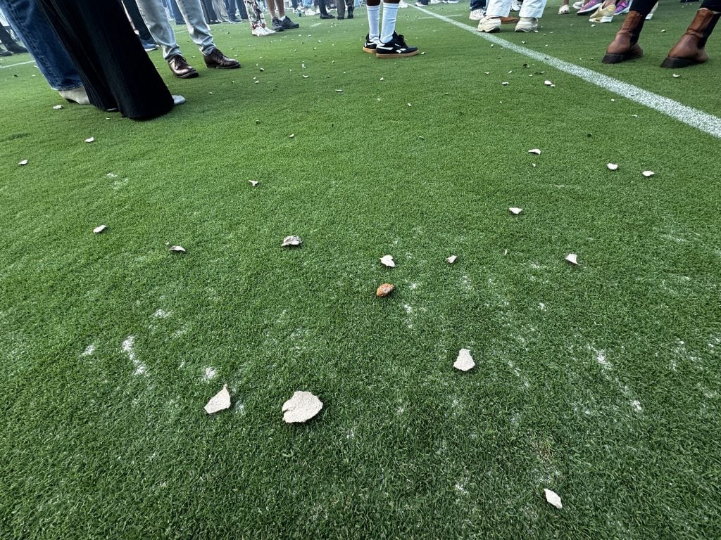 Scattered debris including clay stones on a green field