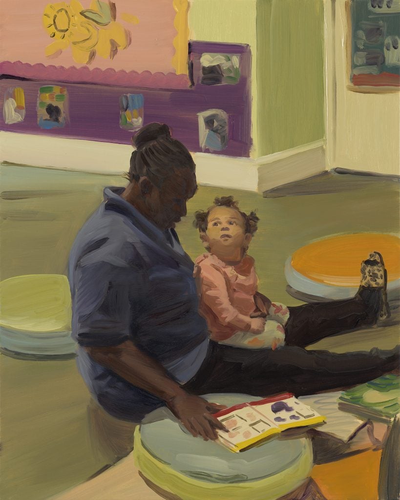 Painting of a nursery school teacher seated with a small child in their lap looking up at her while she looks down at a children's book, painted by Caroline Walker and presented by Stephen Friedman at Frieze London.