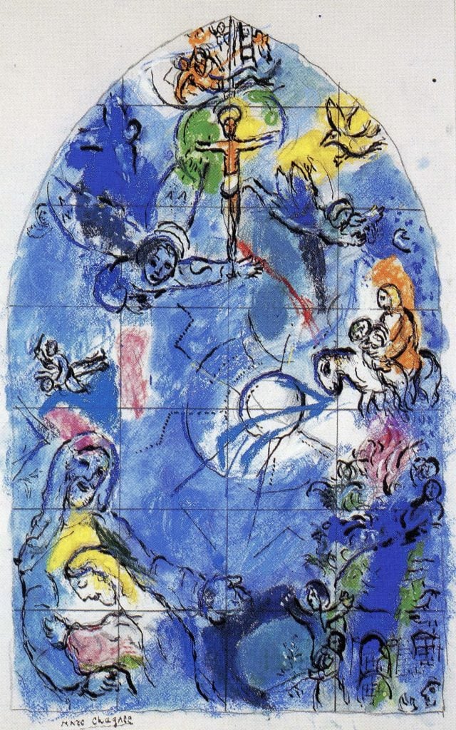 Marc Chagall's colorful sketch of the tale of the Good Samaritan showing various figures colored in blues, reds, and yellows