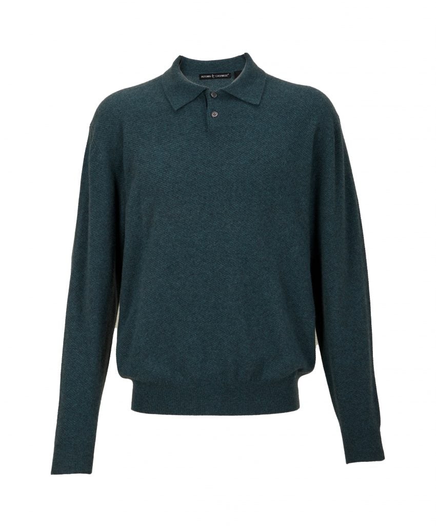 A photograph of a deep teal sweater with a single-button collar.