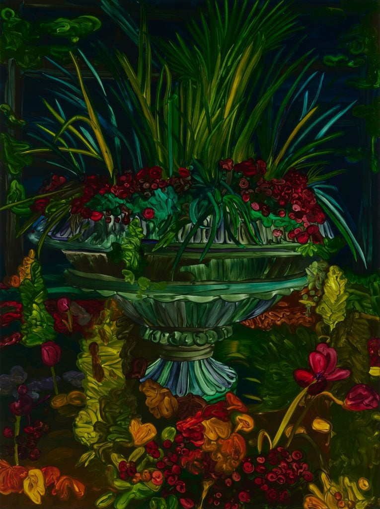 A dimly lit still life painting featuring a garden urn overflowing with greenery and flowers by Clare Woods presented by Stephen Friedman Gallery at Frieze London.