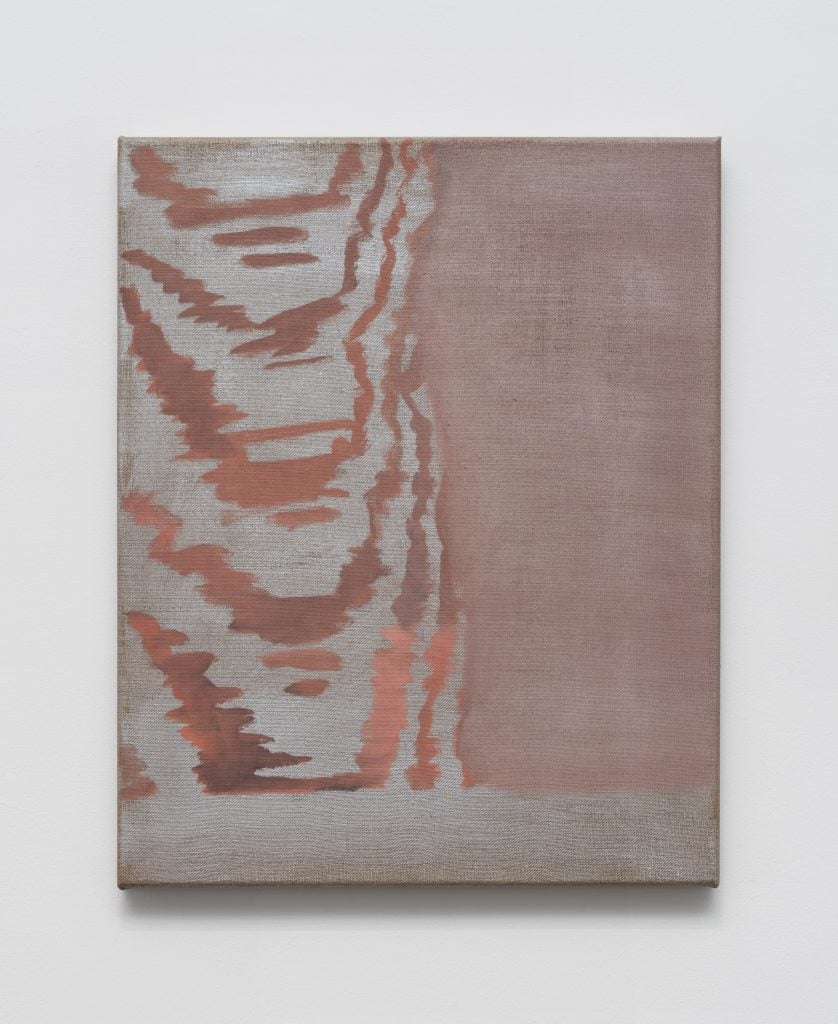 Artwork by Cullinan Richards, a paintings in grey and pale red showing a pattern like woodgrain or soundwaves.