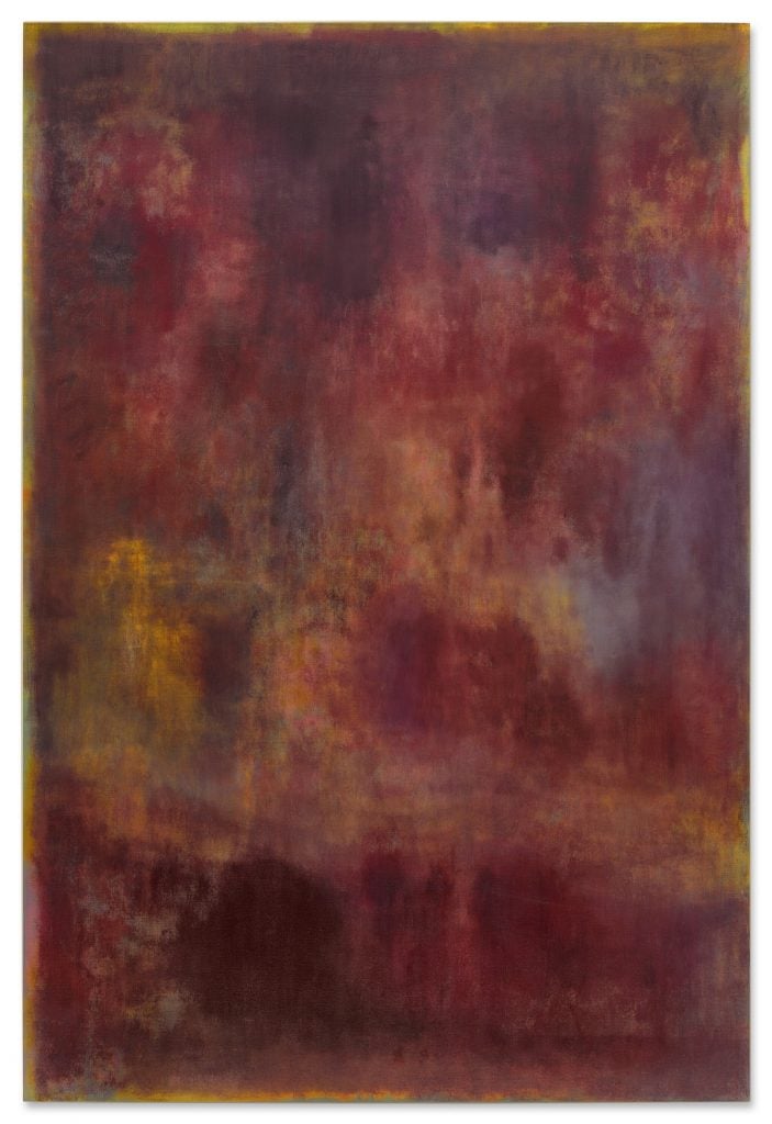 A hazy red painting with background of yellow,m brow, and hints of purple