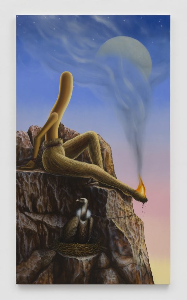 An anthropomorphized broom sitting on a rocky outropping against a blue and pink sky, wearing green pantaloons with its right foot outstretched and the tip of its foot is on fire, with smoke emanating up into the sky. A vulture sits in the foreground.