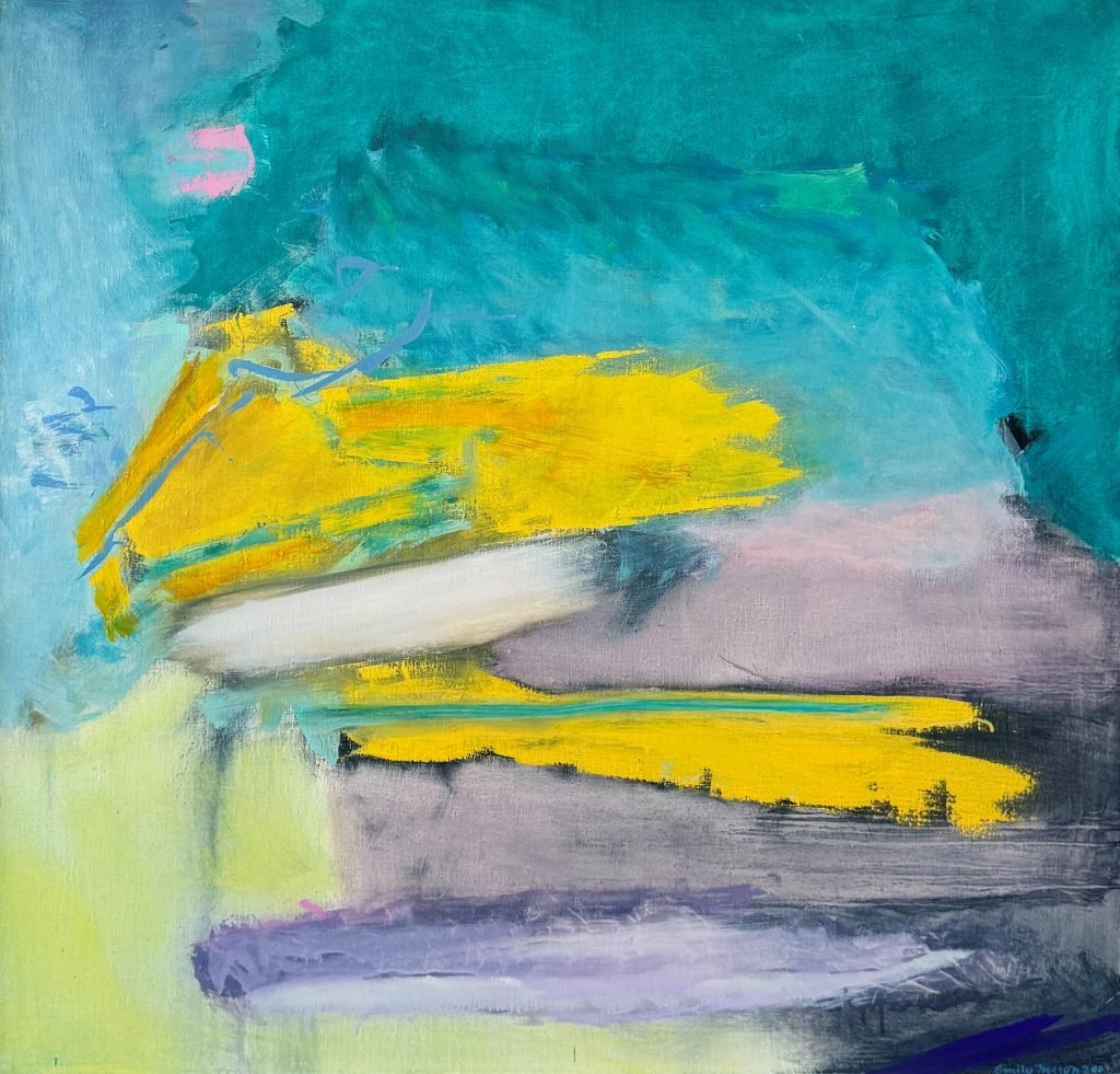 A top lot chosen by Dakota Sica: Emily Mason's abstract oil on canvas painting from 2002 Neap Tide with swathes of turquoise, blue, pale green, and mustard yellow.