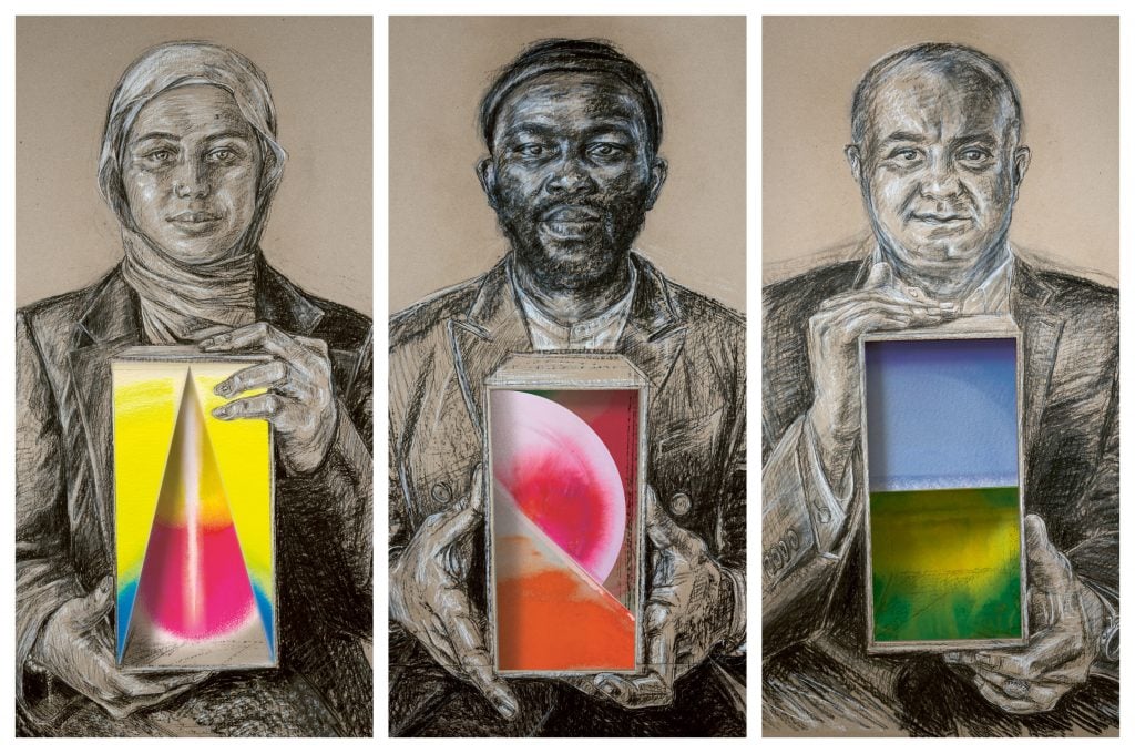 Three portrait drawings of individuals holding colorful, abstract shapes in boxes, representing diverse perspectives through art, against a neutral background.