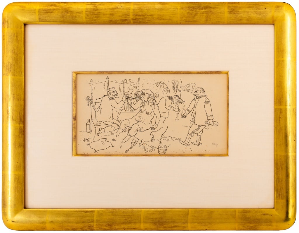 Pen and ink drawing on paper of various figures, including a nude woman and several men, by george grosz, part of new york showplace's auction top lots.