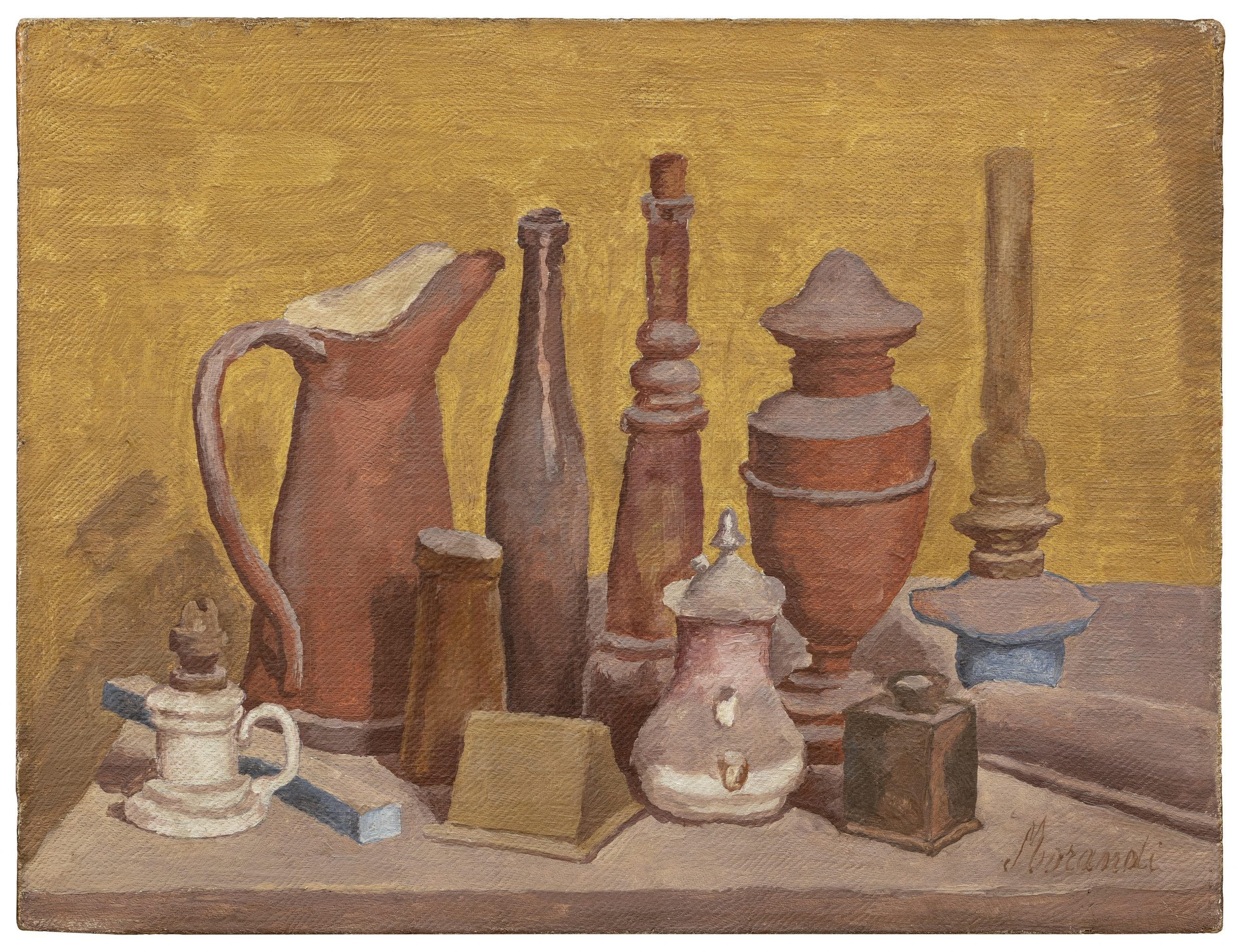 Still life by Italian artist Giorgio Mrandi showing a series of vessels and small objects in earthy reddish brown tones against a yellow ochre, painterly background.