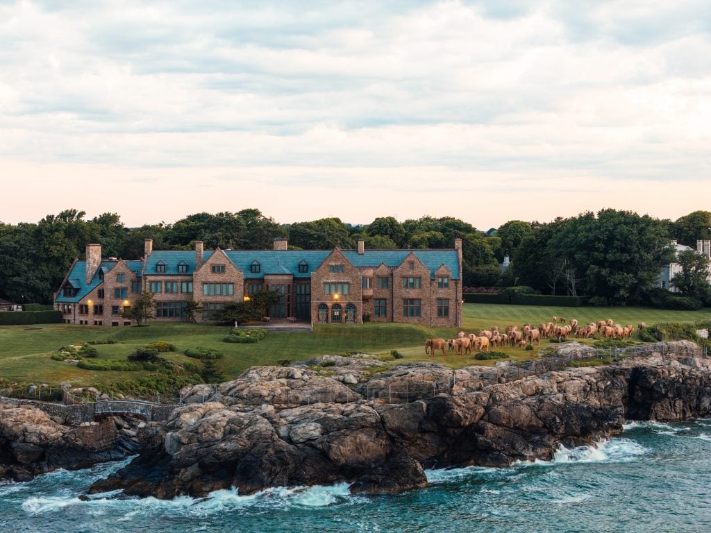 "The Great Elephant Migration" at Rough Point mansion in Newport, Rhode Island. An aerial photo taken over the water looking back at herd of life-size wooden elephant sculptures standing on a cliff in front of a large mansion as dusk approaches. 