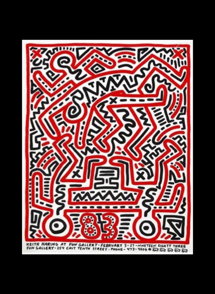 A photo of a red and black poster for a Fun Gallery exhibition done by Keith Haring in the artist's signature style, depicted on a flat black background.