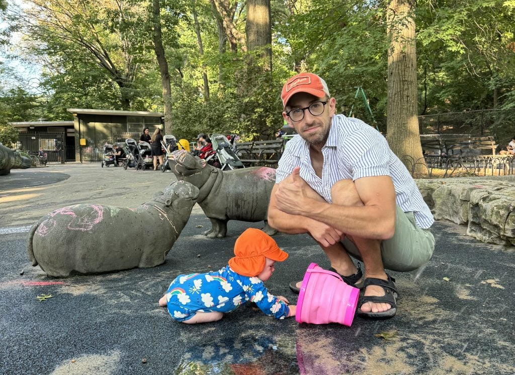 Artnet News senior writer Sarah Cascone's husband and son at the Hippo Playground in Riverside Park. The hippo sculptures by Bob Cassily date to 1993. 