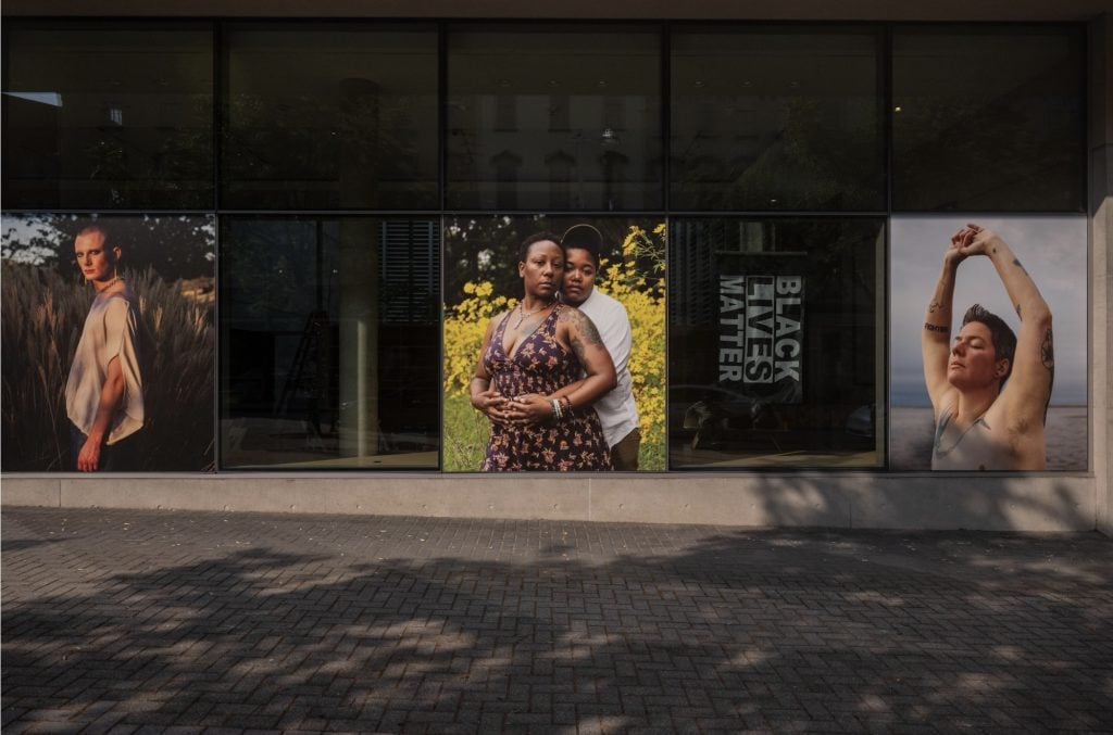 Photographical murals on the exterior of a museum