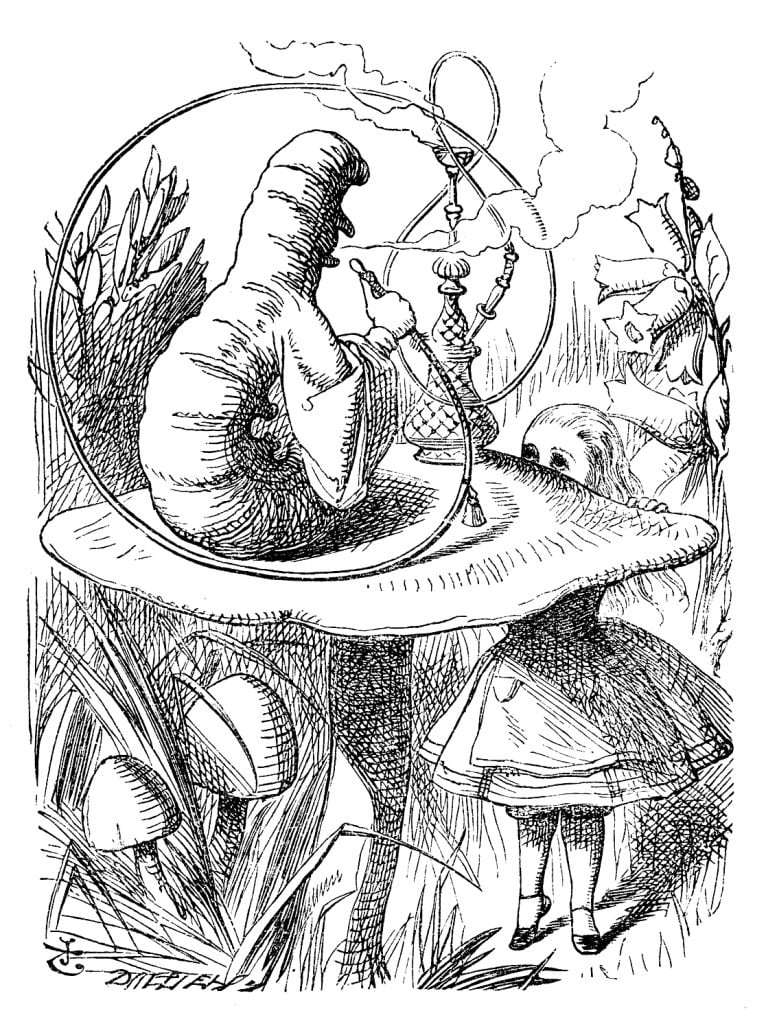 An engraving illustration showing a small girl looking at a giant caterpillar with a hookah on a mushroom