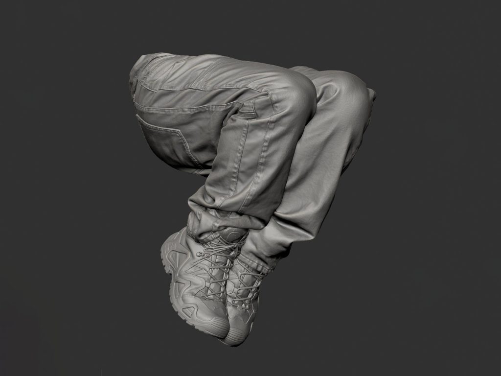 A gray rendering of a pair of legs wearing pants and hiking boots on a darker gray background, a 3D rendered image from a physical artwork by artist Josh Kline, featuring in his solo show with Lisson Gallery "Social Media" which opens during Armory Week.