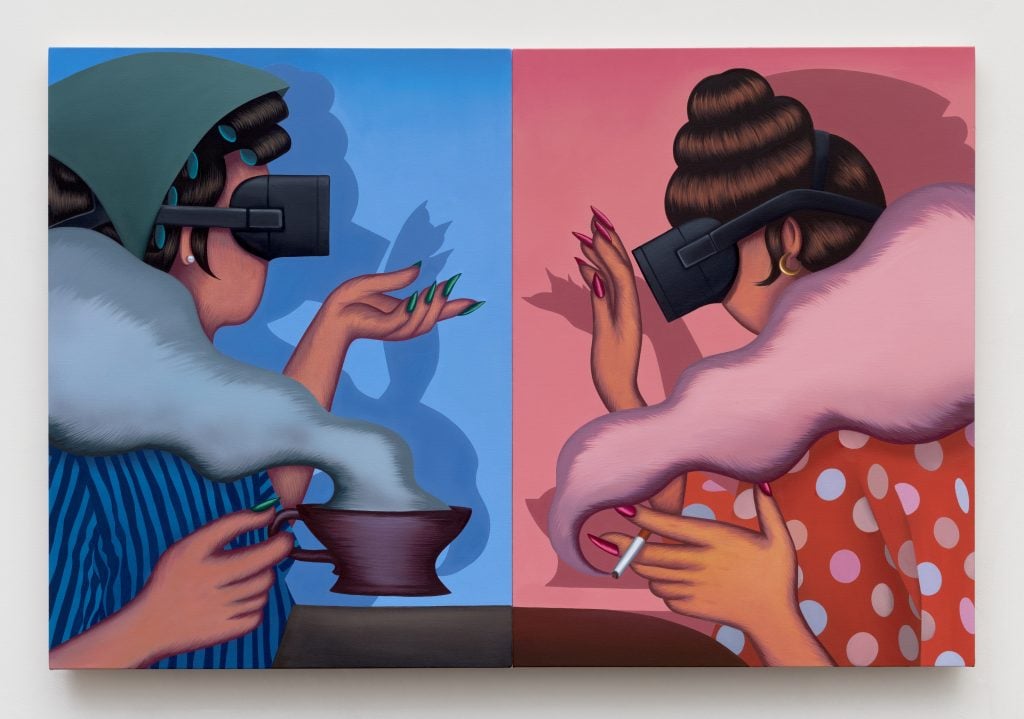 Two women facing each other in profile wearing VR eye sets, on the left against a background of blue holding a steaming mug and on the right against a background of pink holding a smoking cigarette; their shadows against the wall do not match their respective figures.