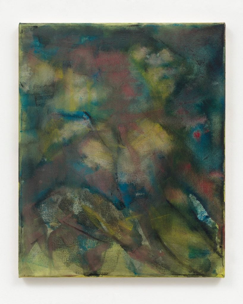 Included in the 5 exhibitions to see from the Artnet Gallery Network, an amorphous abstract painting in earthy swathes of green, blue, brown, burgundy, and black.