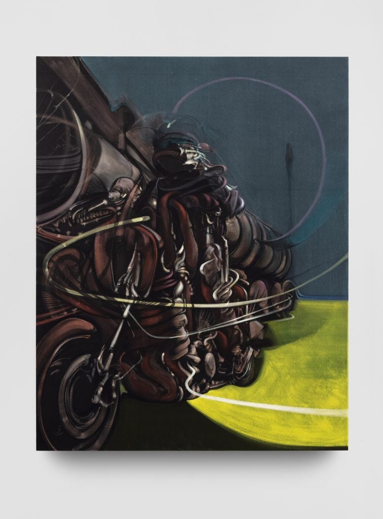 An abstracted masked motorcycle rider on a bike on a lime green field by artist Liu Jian.