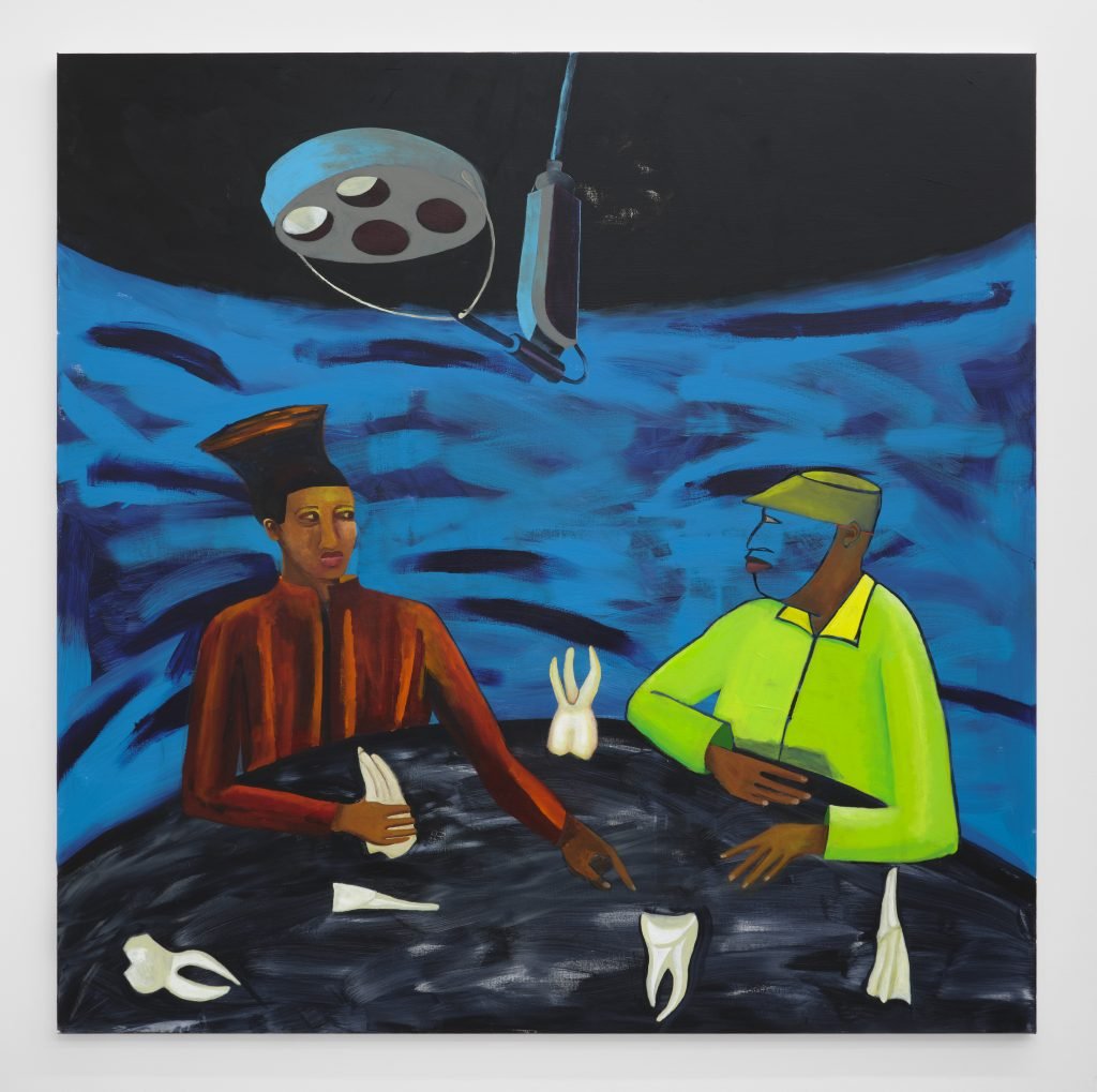 A painting of two black men at a table with an amorphous blue background, and on the table are several hand-size teeth. Painted by Lubaina Himid.