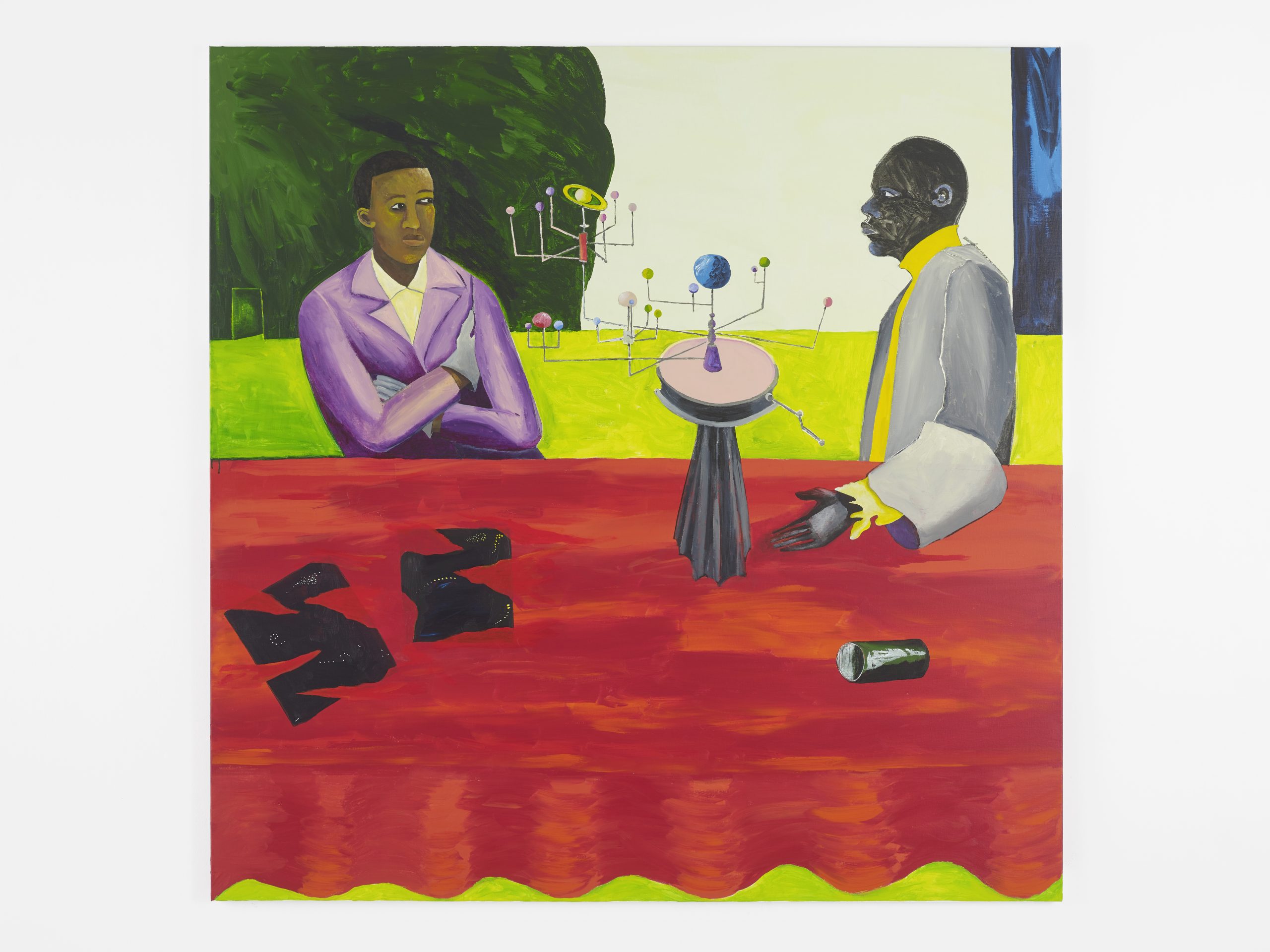 An acrylic and charcoal work on canvas by Lubaina Himid showing two black men siting at a table with a red tablecloth in front of a lime green lawn with a contraption showing moving bodies like planets or atoms.