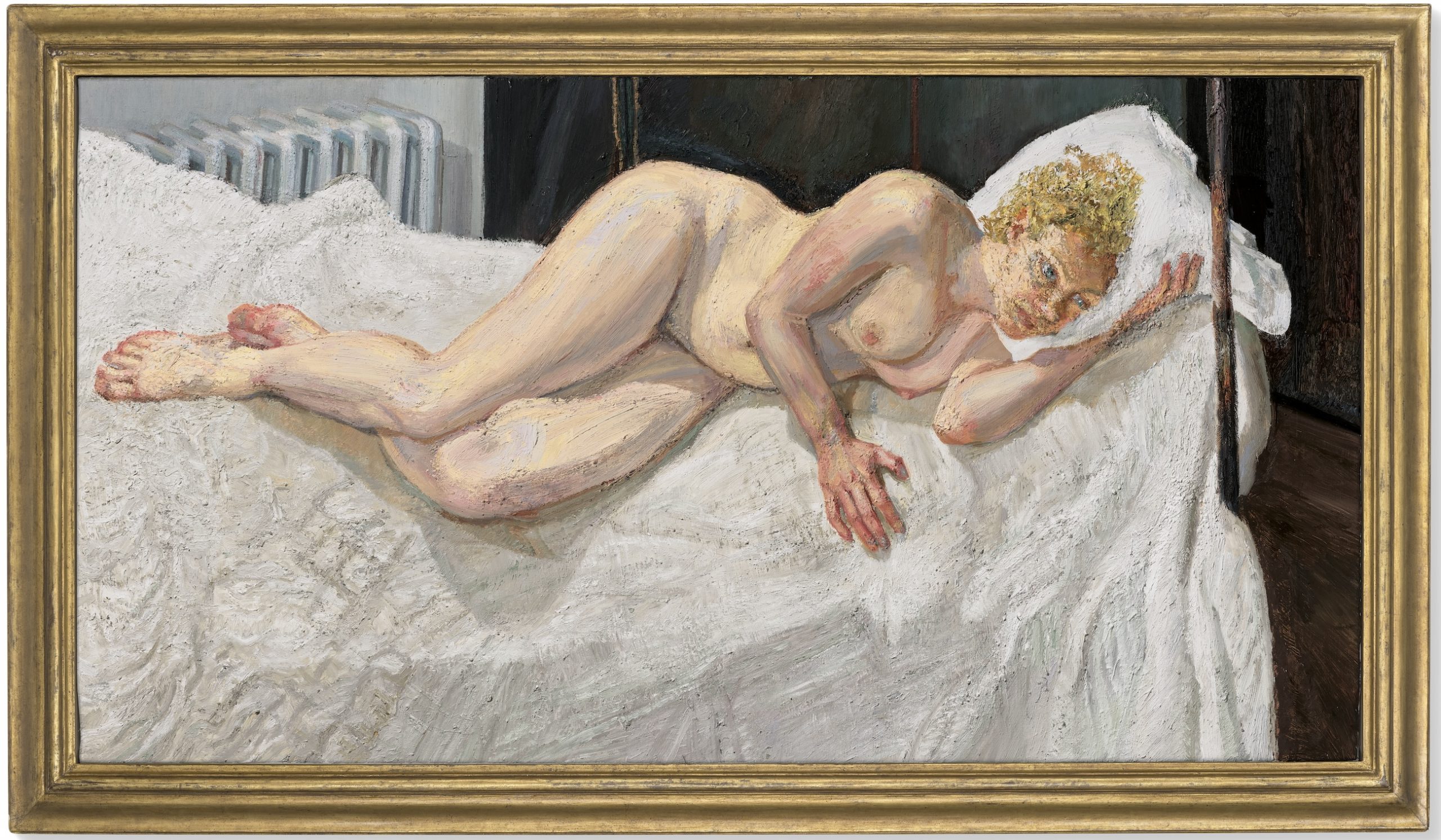 A painting of a nude woman lying on a white sheet.