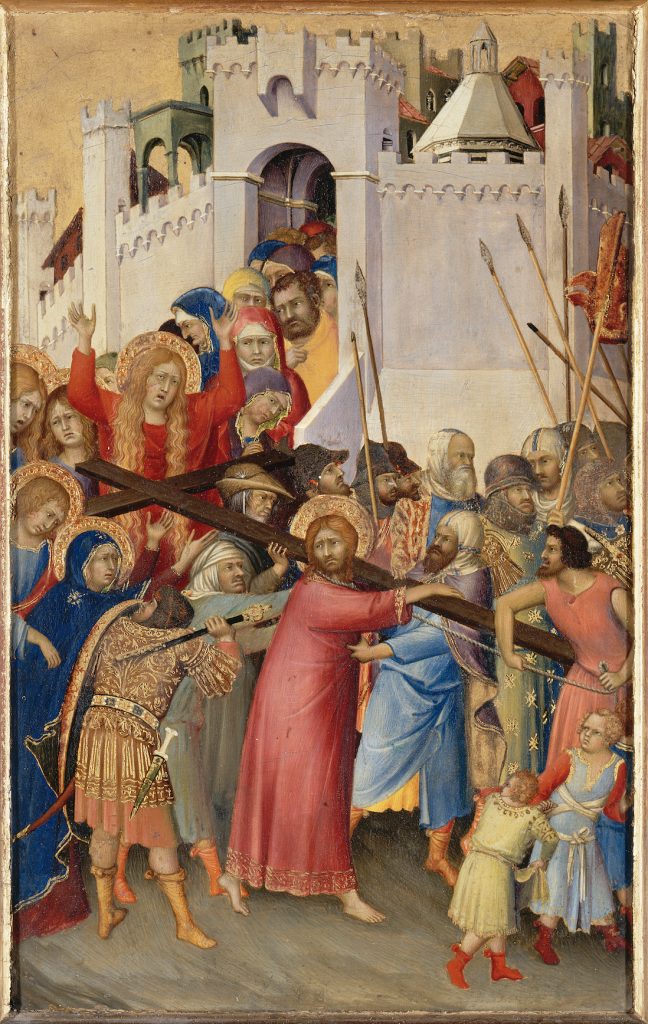 A tempera and gold painting depicting Christ bearing the cross amongst a colorful crowd with a white castle on the hill up behind them on the path.