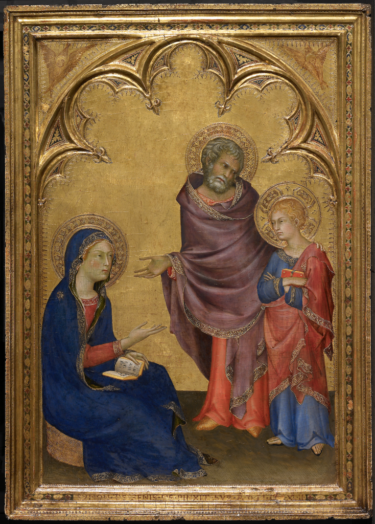 A photo of a painting depicting three Renaissance figures on an all-gold background with scalloped edges within a rectangular frame.