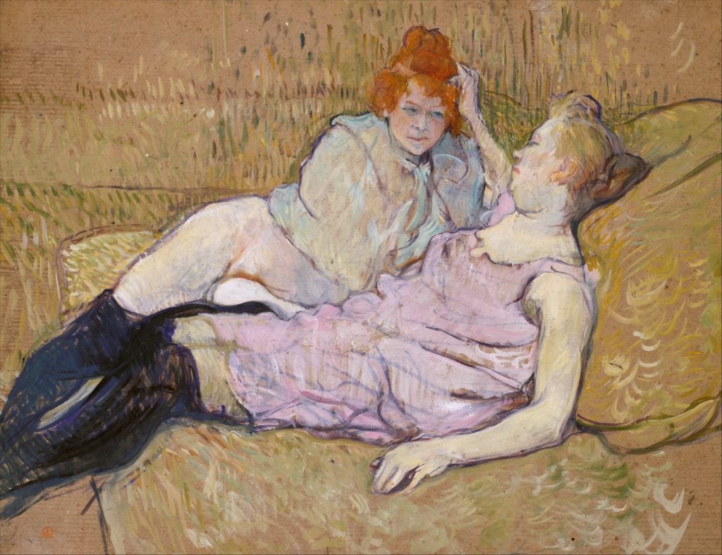 a painting of two women reclining on a sofa