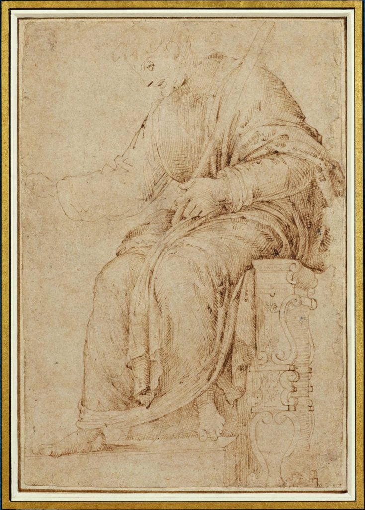 A photograph of a two toned sepia drawing by Michelangelo depicting the god Jupiter sitting at his throne in only loose detail.