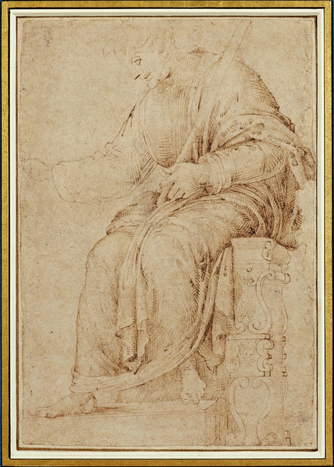 A photograph of a two toned sepia drawing by Michelangelo depicting the god Jupiter sitting at his throne in only loose detail.