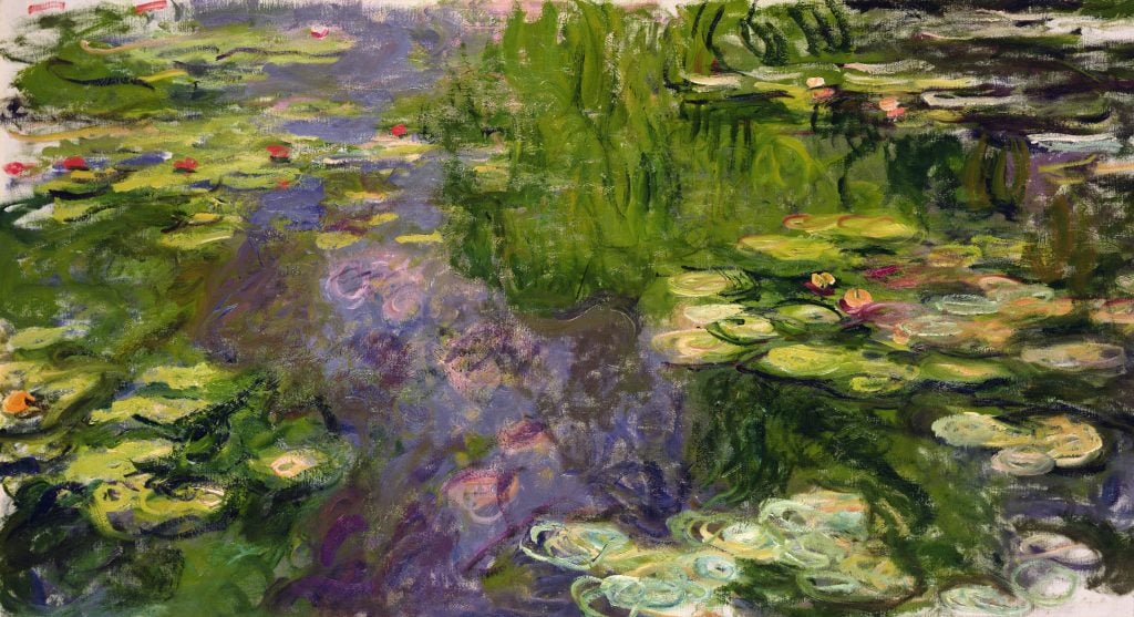 A vibrant Impressionist painting by Claude Monet of water lilies