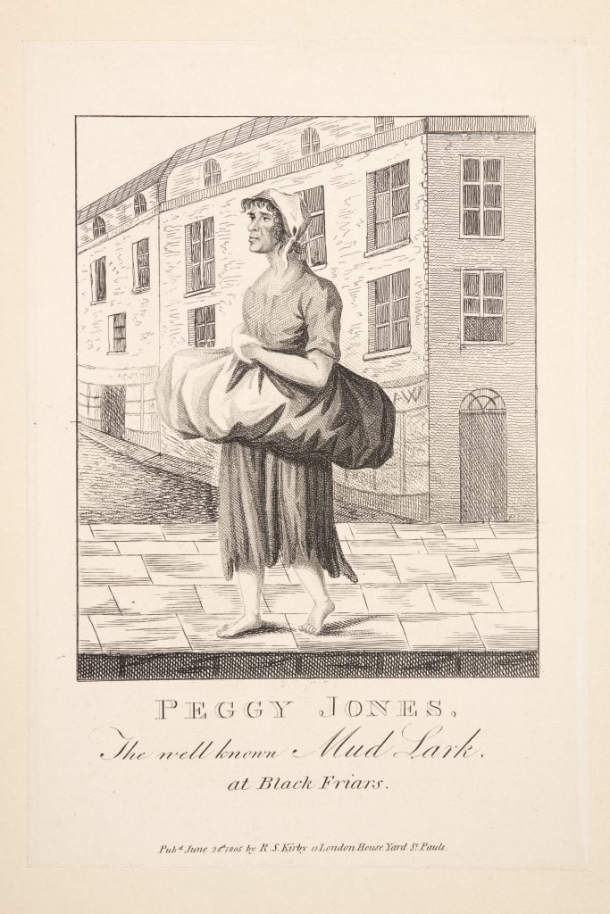 A 1805 illustration of a woman walking along the Thames with a huge bag. A caption reads "Peggy Jones, A Well-Known Mud Lark at Black Friars"