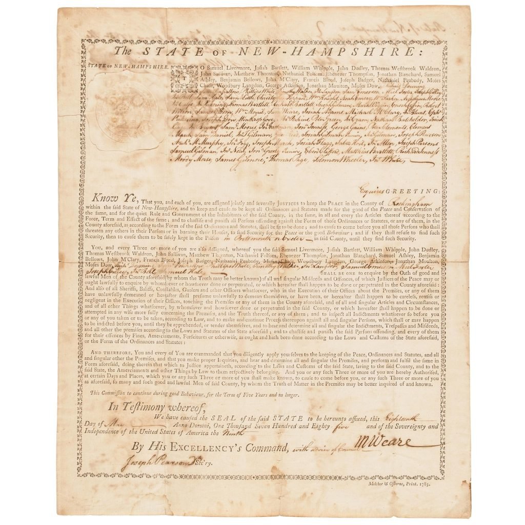 The 1785 New Hampshire Oath of Allegiance, signed by the state's first president, Meshech Weare. The antique document is on yellowed paper, with a handwritten section above, a printed section, and signatures at the bottom. The state seal is embossed on the upper left corner.