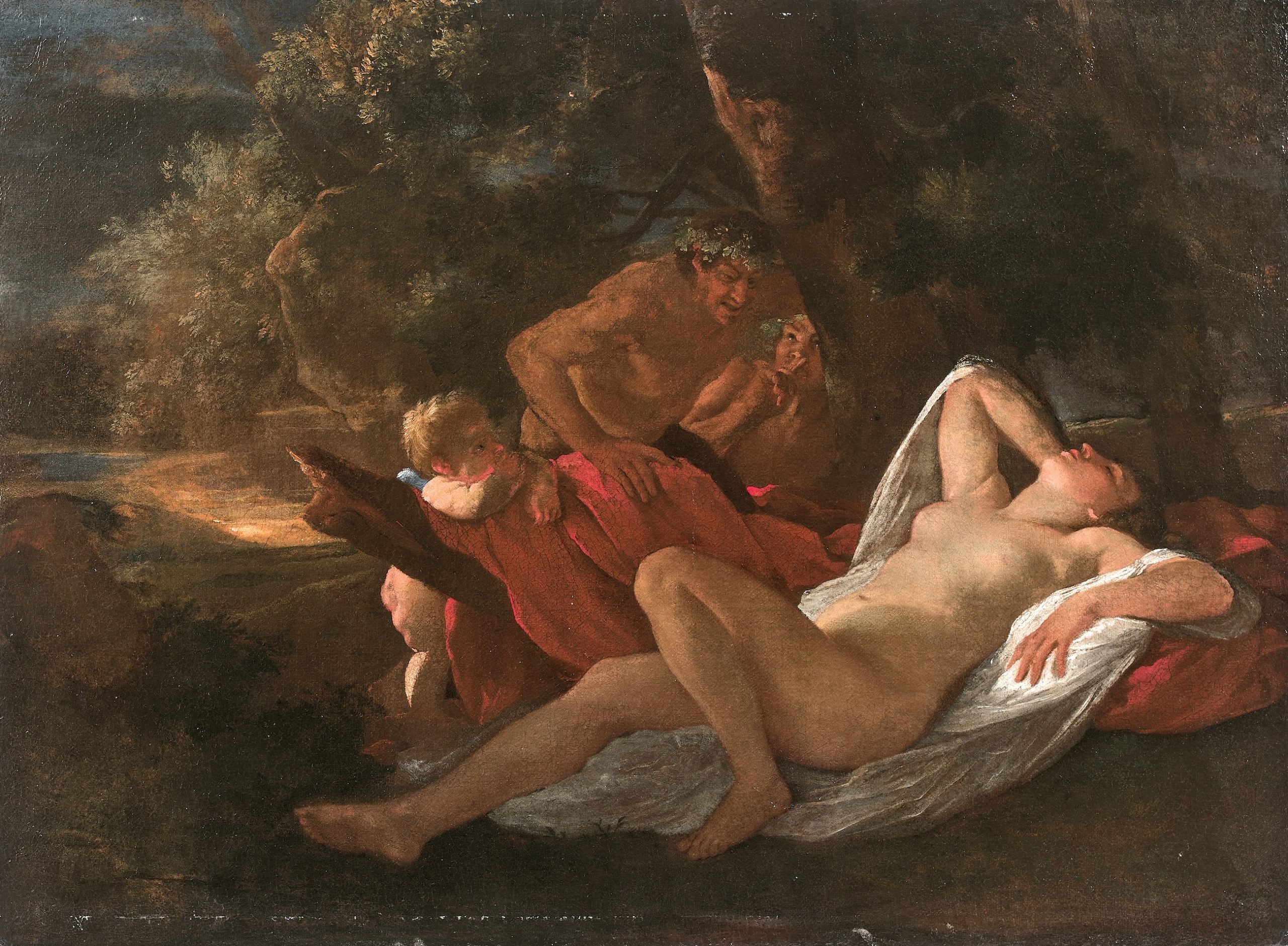 A painting of two satyrs in a wooded area spying on a sleeping, nude woman