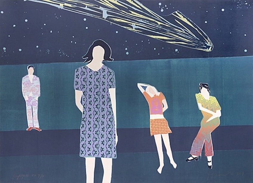 Four abstracted figures standing under a starry sky with a meteor flashing across the top of the composition, part of the space-inspired roundup.