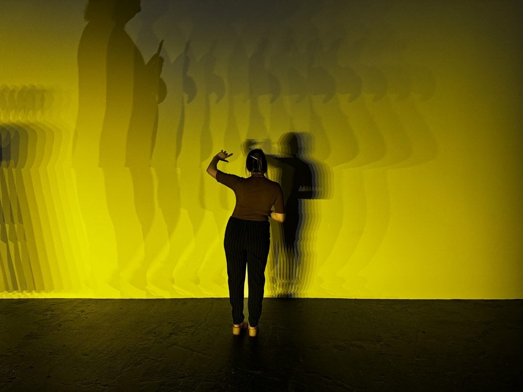 A woman with her arm raised standing in front of a yellow-lit wall with various silhouettes cast on it